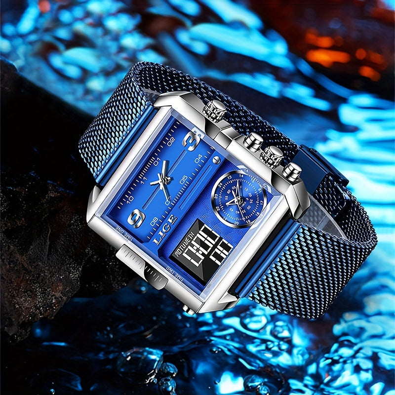 LIGE Fashion Luxury Men's Watch. Watch with Square Stainless Steel Strap. Dual Display Nightlight Second Timer Sports Outdoor Watch. Suitable for Halloween And Christmas Gifts.