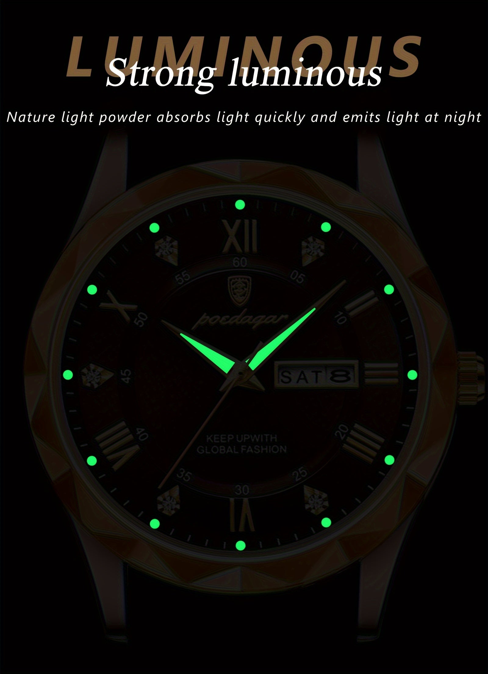 1pc POEDAGAR Men'S Casual Waterproof Luminous Dual Calendar Quartz Watch, Round Alloy Case, PU Leather Strap, Analog Display, 3ATM Dive Resistance, Battery Operated (Non-Rechargeable)