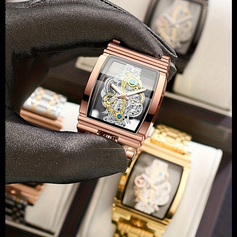 Sleek Luxury Men's Quartz Watch - Stainless Steel Band, Luminous Dial, Hollow-Out Design, Folding Clasp