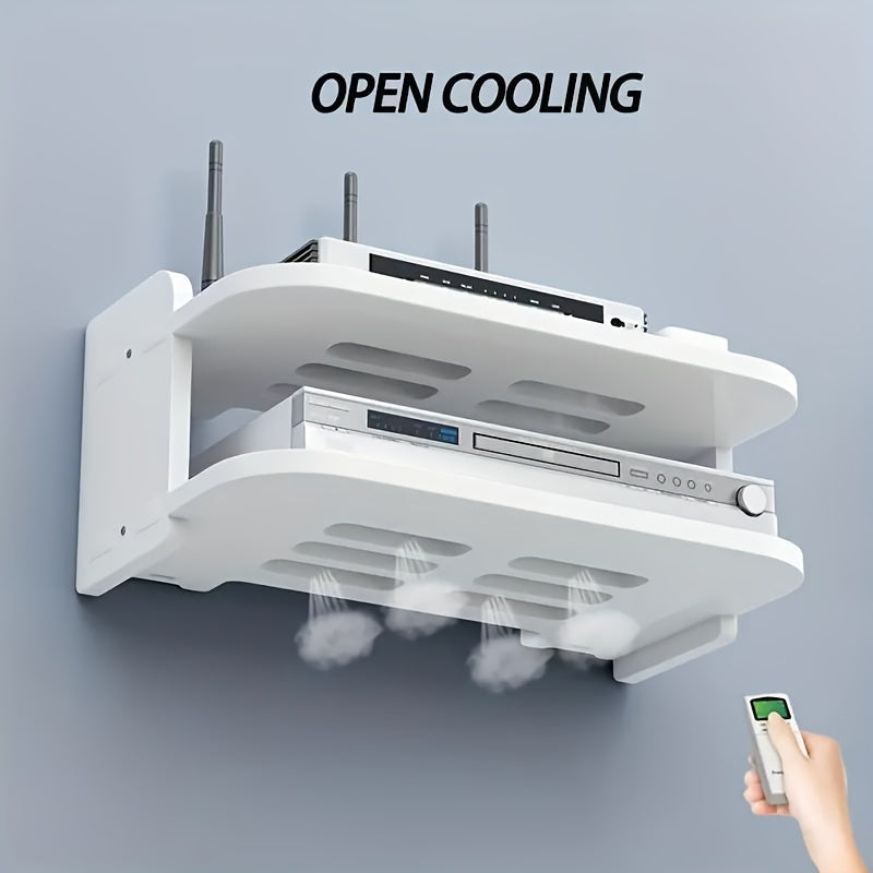 Space-Saving Wall-Mounted Shelf, Durable PVC Material, No-Drill Router & TV Top Box Organizer - Sleek White Storage Solution for Electronics, Cable Storage Organizer