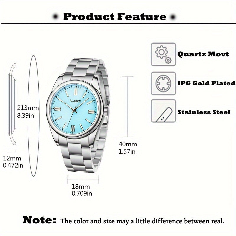 PLADEN Stylish Classic Stainless Steel Business Luminous Quartz Watch, Men's Gift