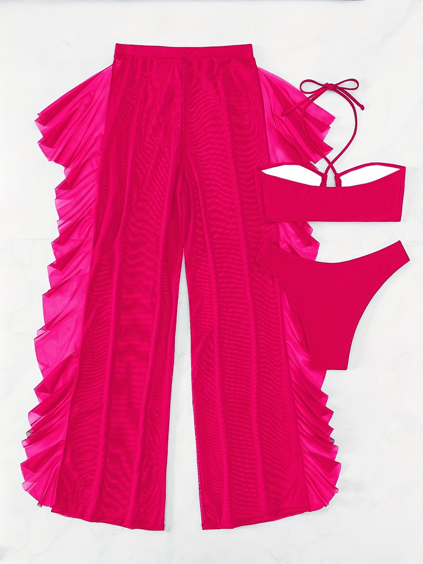 [Sexy Mesh Bikini] Three-piece Sexy Black Mesh Bikini Swimsuit Women's Pure Fashion Gathered Cross-Band Panty