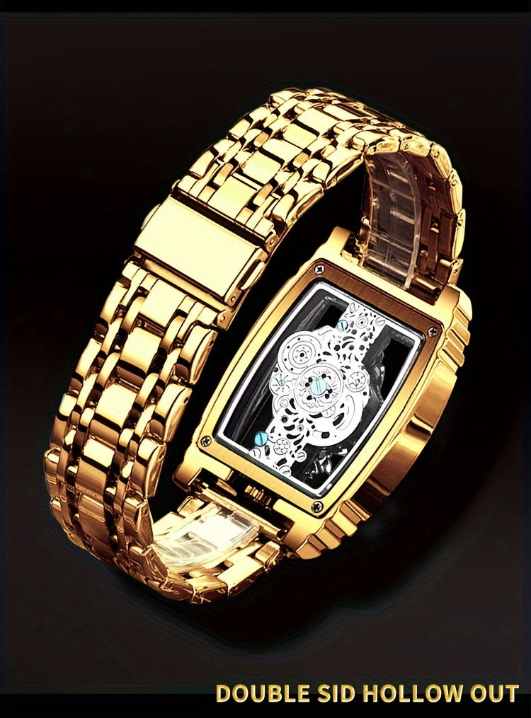 Sleek Luxury Men's Quartz Watch - Stainless Steel Band, Luminous Dial, Hollow-Out Design, Folding Clasp