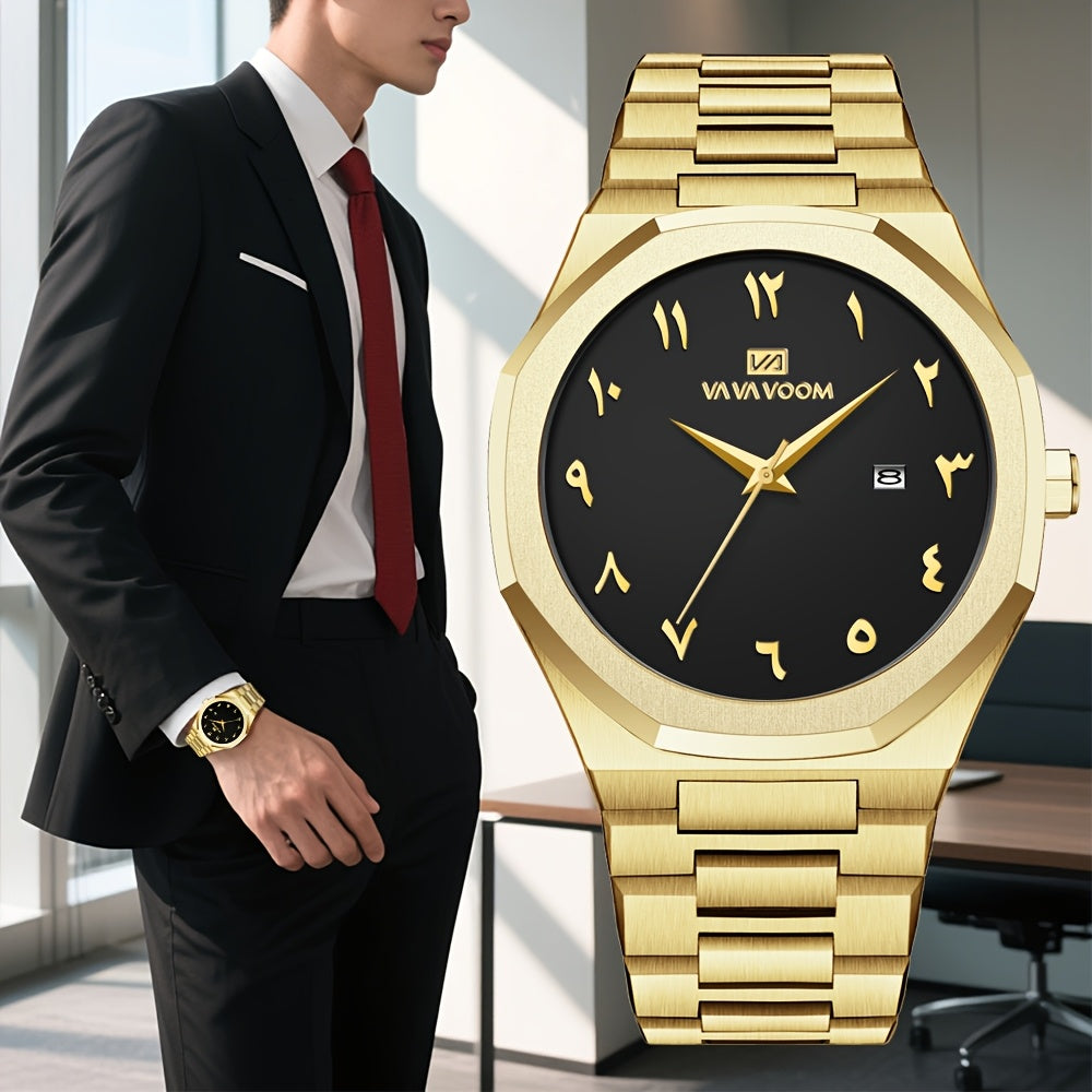 [Luxury Men's Watch] VA VA VOOM Luxury Men's Watch | Stainless Steel Black & Golden Chronograph with Arabic Numerals, Quartz Movement, Elegant Business Style | Perfect Gift for Dad, Husband, Boyfriend on Father's Day, Valenti
