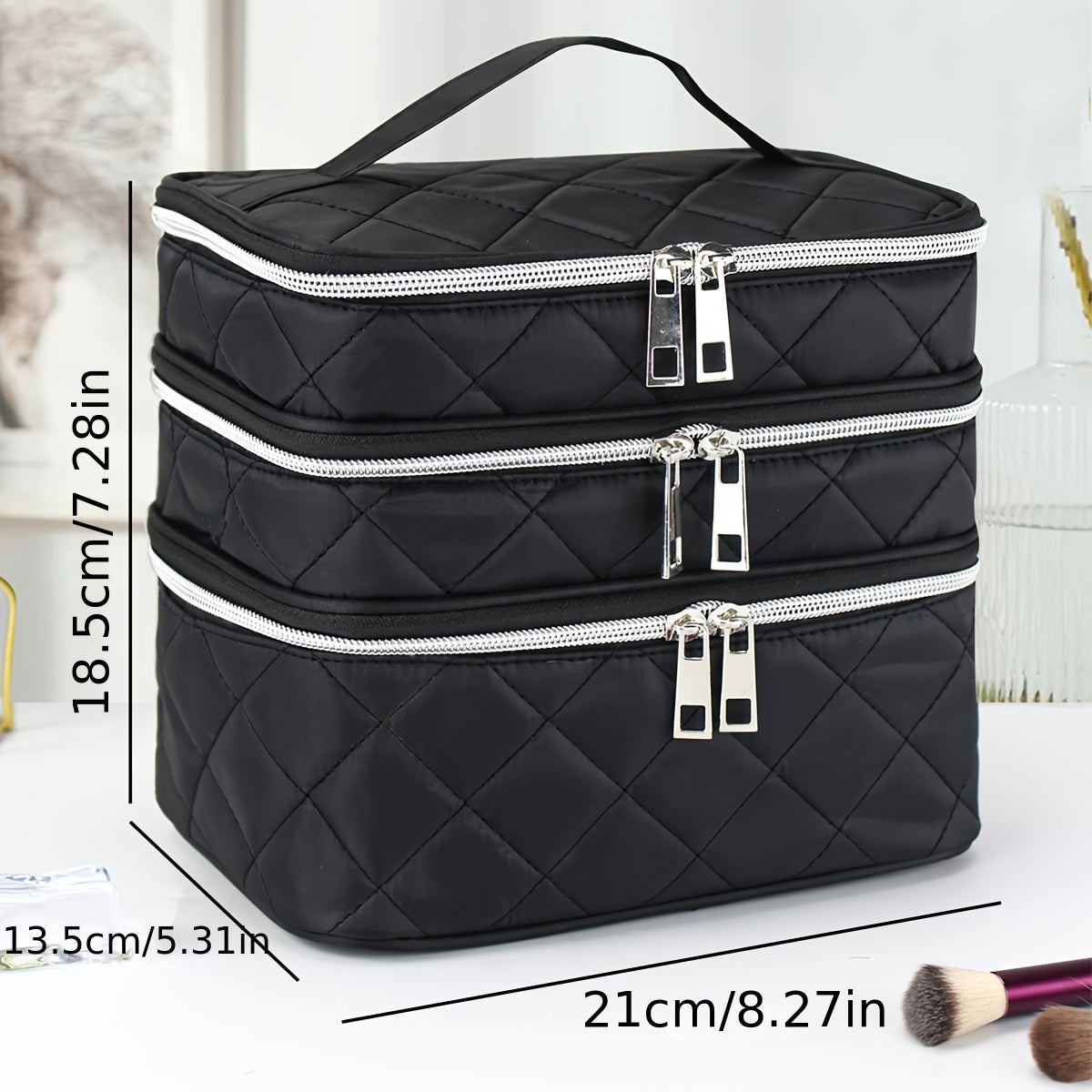 Large Capacity Black Rhombus & Travel Organizer Handbag - 3-Tier/Double-Layer Portable Makeup Case with Golden-Tone Zippers, White Piping Trim, Durable Multi-Compartment Storage for, Spacious for Brushes, Lipstick, Electronic