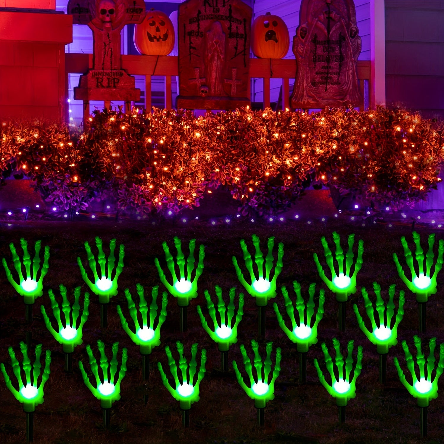 [Fast Arrival] 12pcs Solar-Powered Halloween Garden Lights - Waterproof LED Skeleton Hands, 8 Lighting Modes, Outdoor Yard & Lawn Decorations for Spooky Ambiance