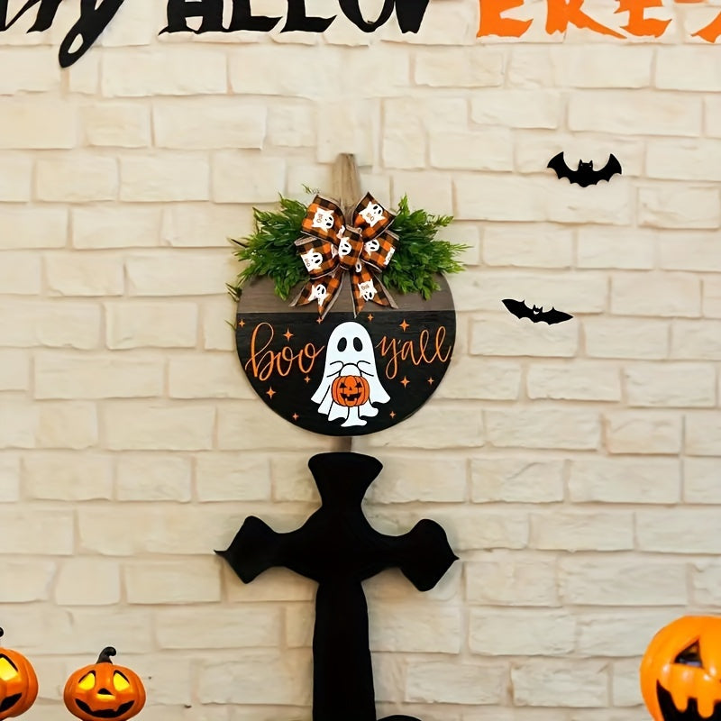 Boo Y'all Halloween Wooden Door Hanger - Wall Mount Festive Welcome Sign with Ghost, Pumpkin, and Fall Ribbon - Perfect Housewarming Gift and Party Decoration for Home, Office, and Garden - No Electricity Needed