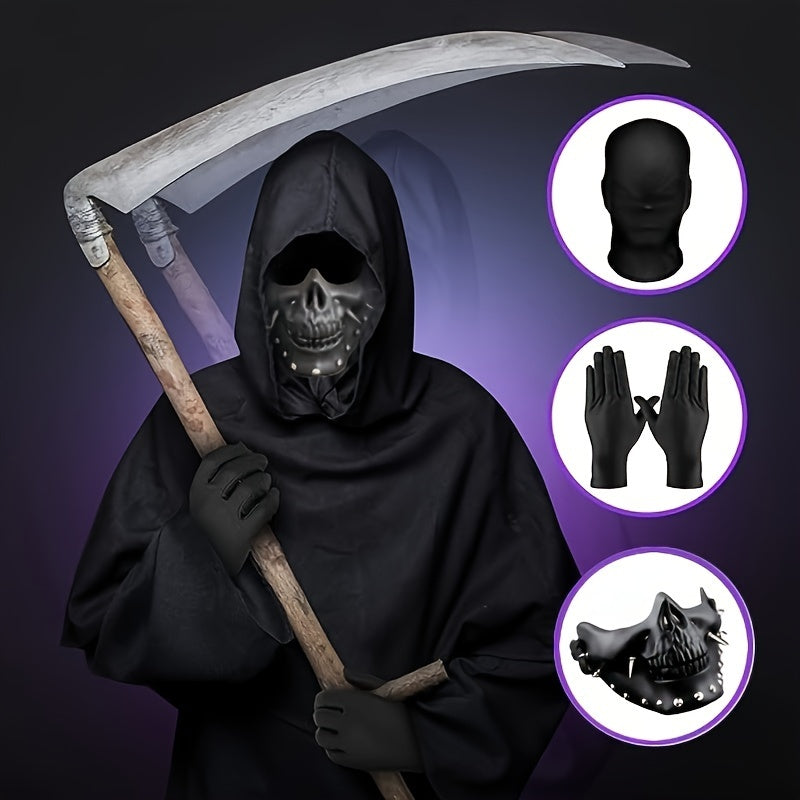 Cosplay Master Kit - Durable Full Face Mask, Half Skull Mask, and Hand Coverings with Sleek Design, Black Finish, Versatile for Halloween, Performance, LARP, Parties, and Events - Premium Plastic Construction, Comfortable Wea