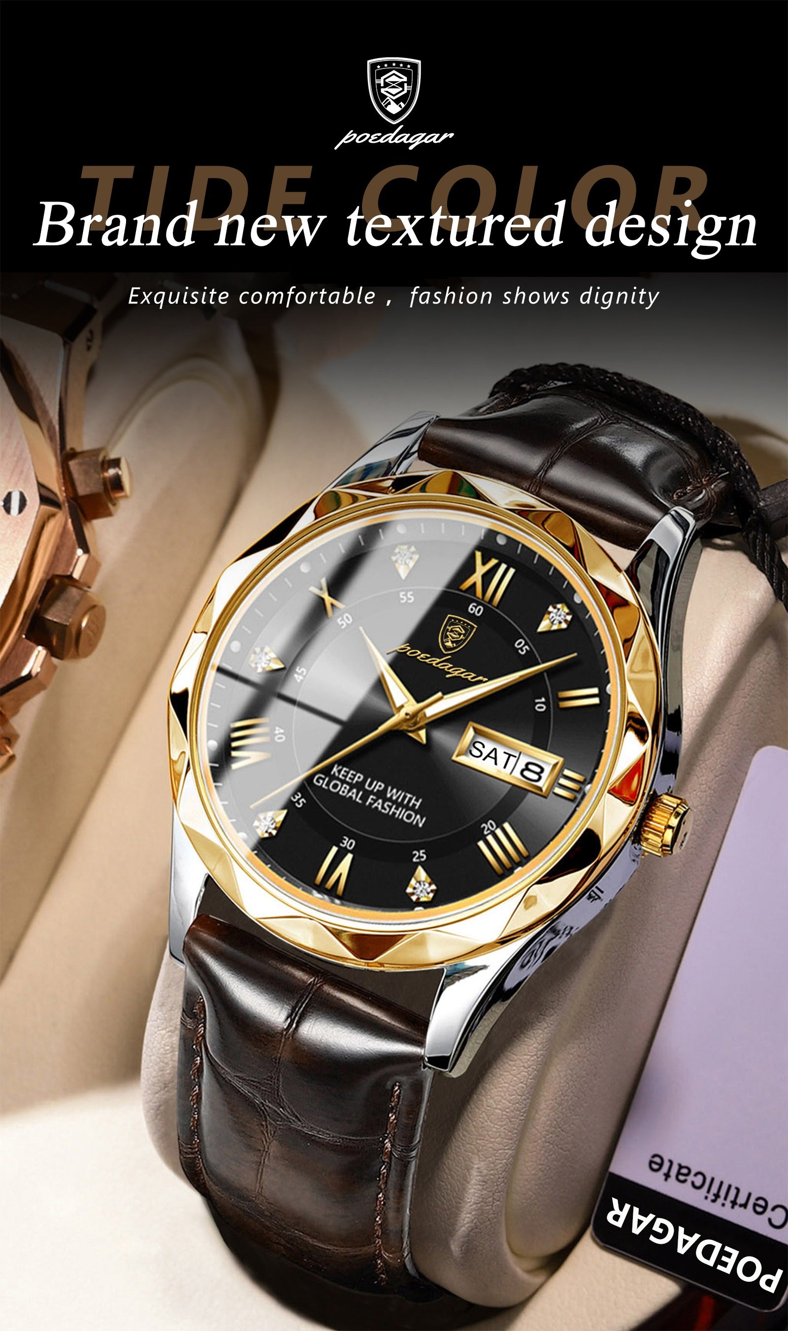 1pc POEDAGAR Men'S Casual Waterproof Luminous Dual Calendar Quartz Watch, Round Alloy Case, PU Leather Strap, Analog Display, 3ATM Dive Resistance, Battery Operated (Non-Rechargeable)