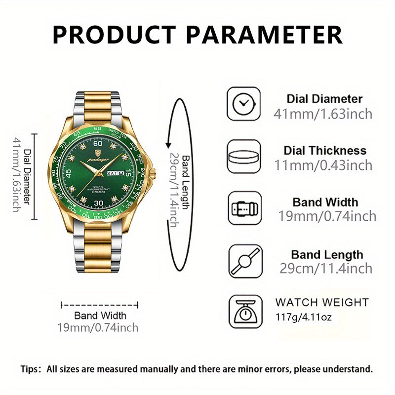 1pc POEDAGAR Luxury Analog Quartz Watch with Chronograph, Green Dial & Golden Hands - /Alloy Case, High Quality 1181.1inch, Night Light, Multi-Dial (Day/Date/Day of Week/Date of Month) - Elegant Women's & Men's Watch for Wedd