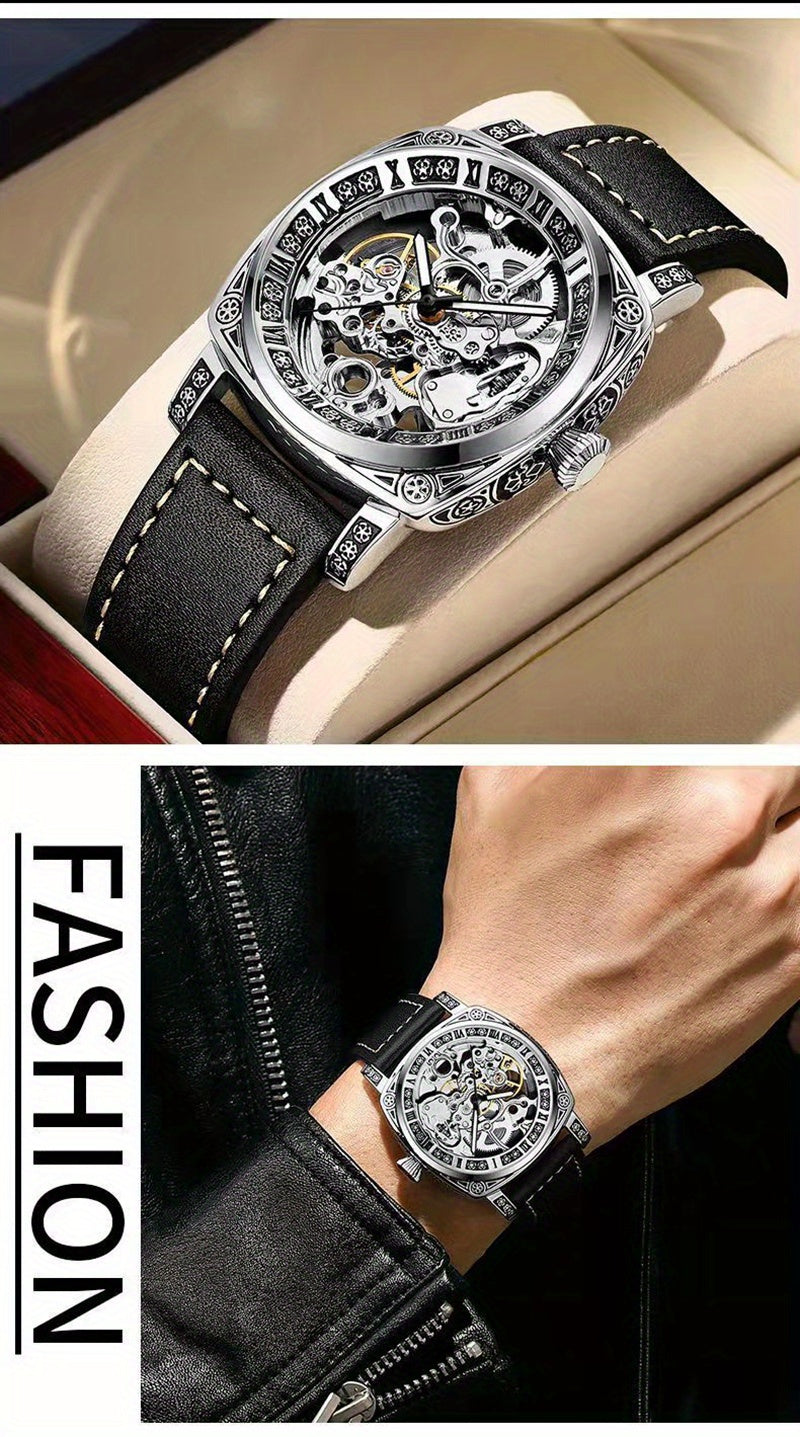 Elegant Mechanical Men's Watch: Self-Winding, Waterproof, with Stylish Hollow Design - Round Dial & Precision Timekeeping
