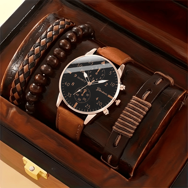 1pc Men's Quartz Watch & 3pcs Bracelets, Men's Watch Set, Ideal choice for Gifts