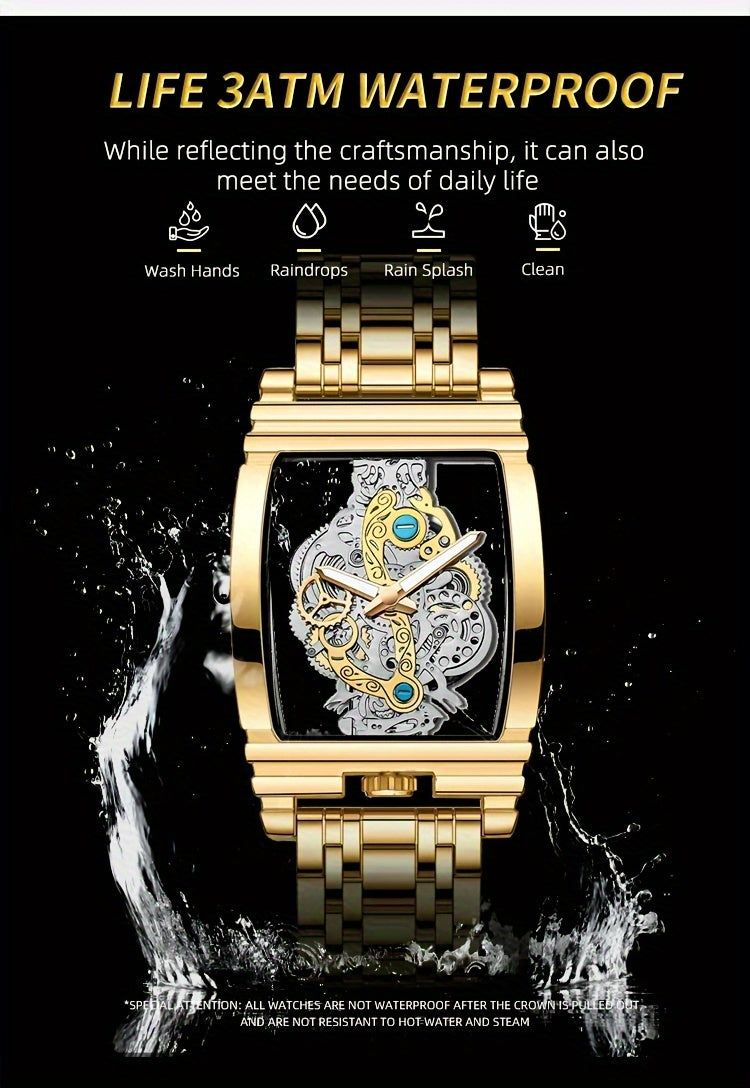 Sleek Luxury Men's Quartz Watch - Stainless Steel Band, Luminous Dial, Hollow-Out Design, Folding Clasp