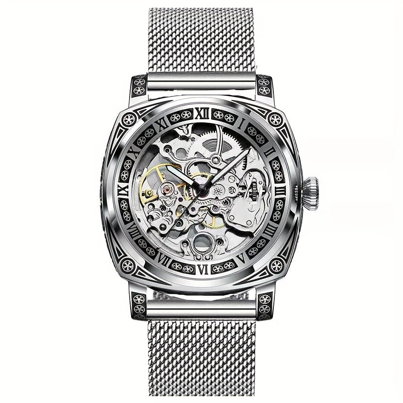 Elegant Mechanical Men's Watch: Self-Winding, Waterproof, with Stylish Hollow Design - Round Dial & Precision Timekeeping