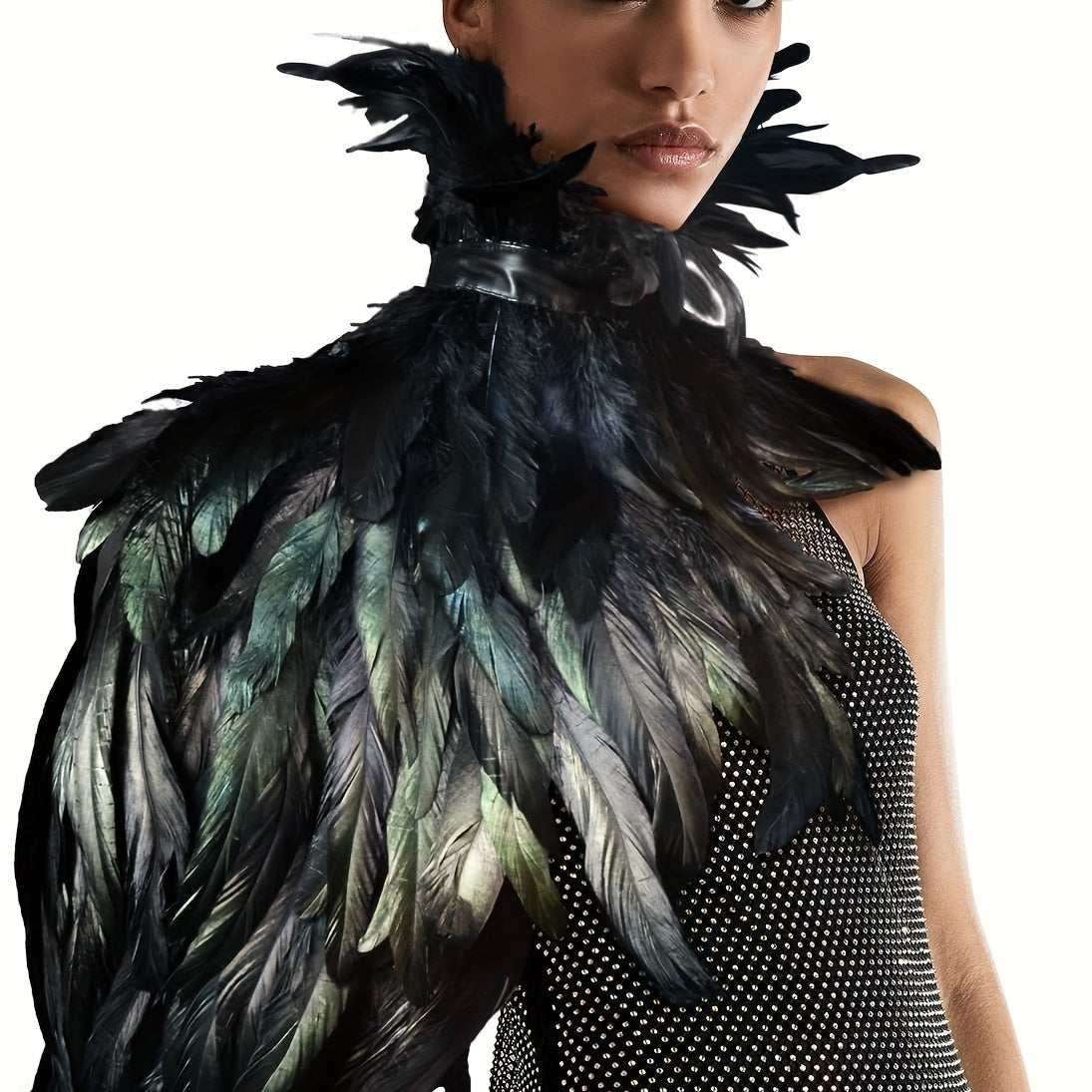 Natural Feather Elegant Unique Gothic Mysterious Black Cape, Renaissance Punk Y2K Choker Shawl for Halloween Christmas Cosplay Costume Props, Bar Club Rave Party Play Decors Photography Props, Stage Performance Accessories