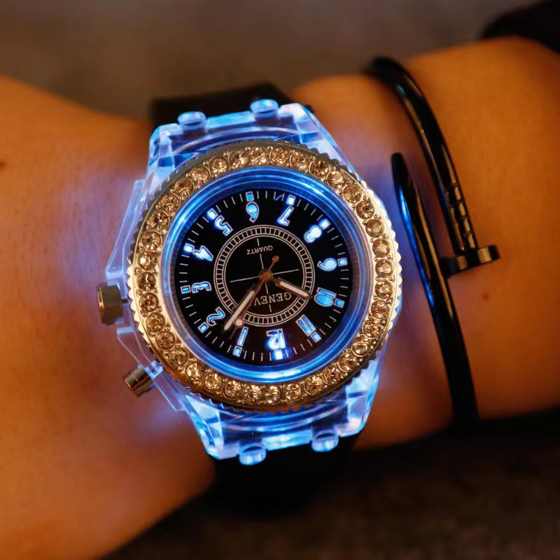 Glow-in-the-Dark LED Trendy Couple'S Watch with Crystal Embellishments, Silicone Strap, and Luminous Display - Perfect for Casual Attire, Casual Watch|Glamorous Timepiece|Polycarbonate Case