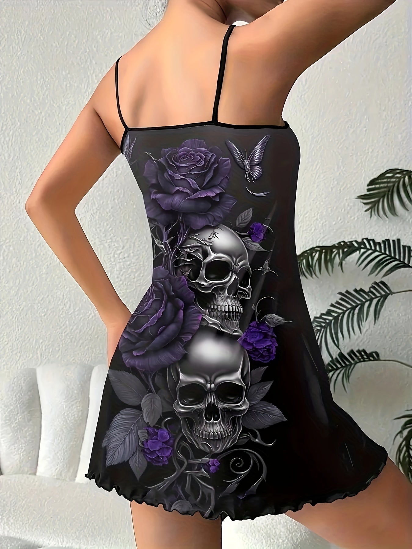 Women's Skull and Rose Print Gothic Ruffle Trim Sleep Dress, Round Neck Backless Spaghetti Suspender Dress, Halloween Comfortable Pajamas