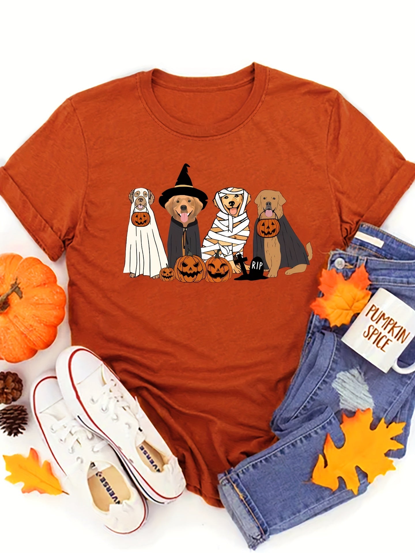 Halloween Dog Themed T-Shirt for All Seasons - Casual Polyester Knit Fabric with Round Neckline, Pumpkin Carved Jack-o'-Lanterns & Wrapped Dogs Design, Regular Fit