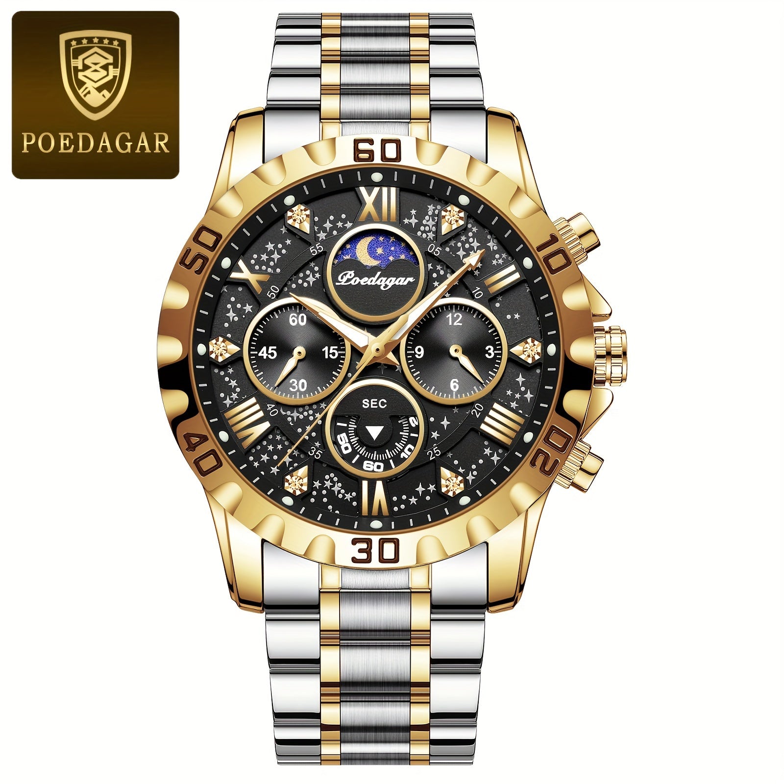 [New Business Water Resistance Watch] POEDAGAR 2024 New Business Executive Men's Quartz Chronograph Watch with Water Resistance, Night Light, and Stainless Steel Band