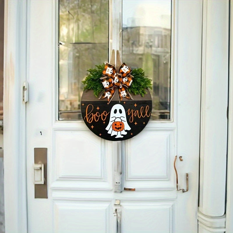 Boo Y'all Halloween Wooden Door Hanger - Wall Mount Festive Welcome Sign with Ghost, Pumpkin, and Fall Ribbon - Perfect Housewarming Gift and Party Decoration for Home, Office, and Garden - No Electricity Needed