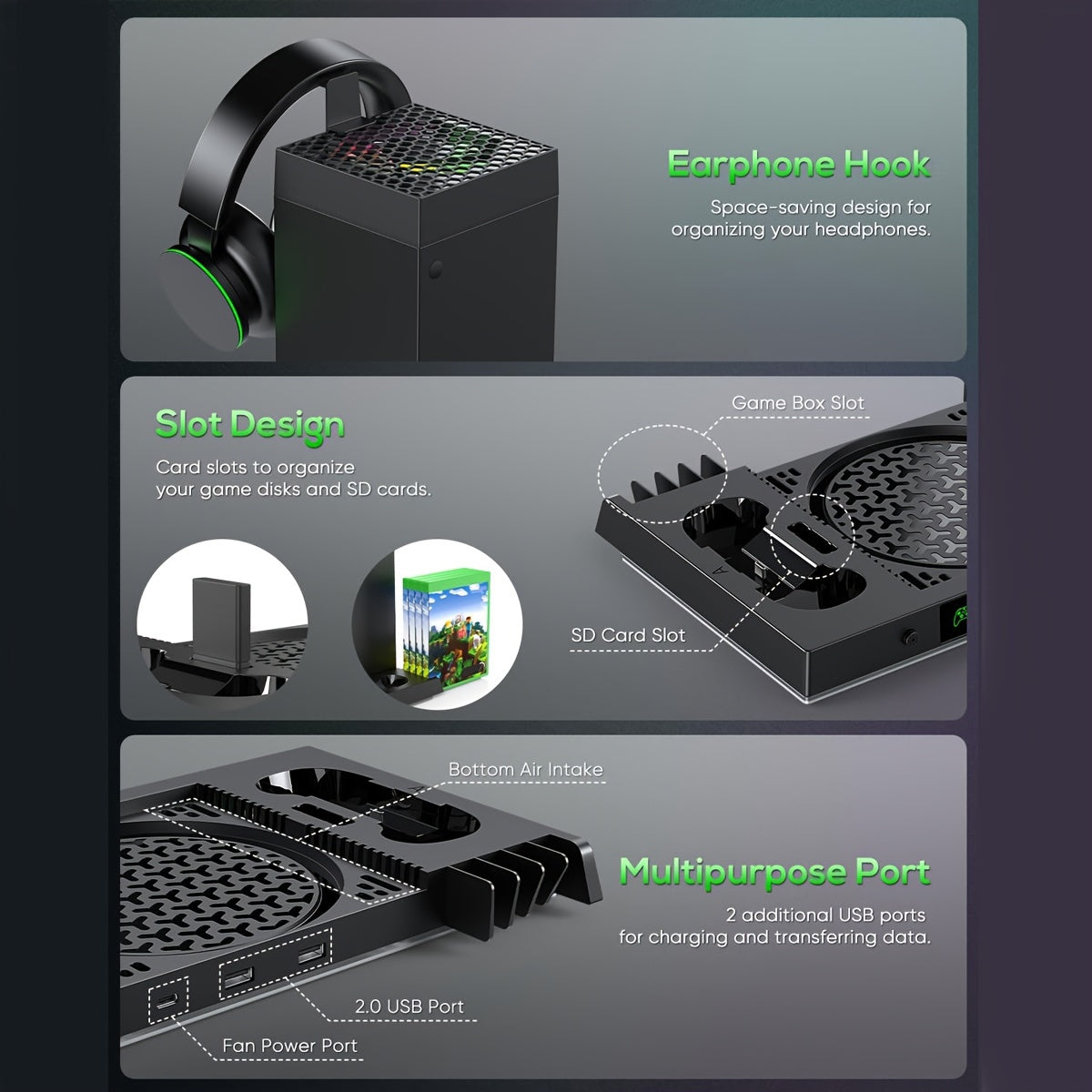 Xbox Series X & S RGB LED Charging Dock with Adjustable Cooling Fan, Dual Controller Stand and Headphone Holder - DOBE FOMIS ELECTRONICS