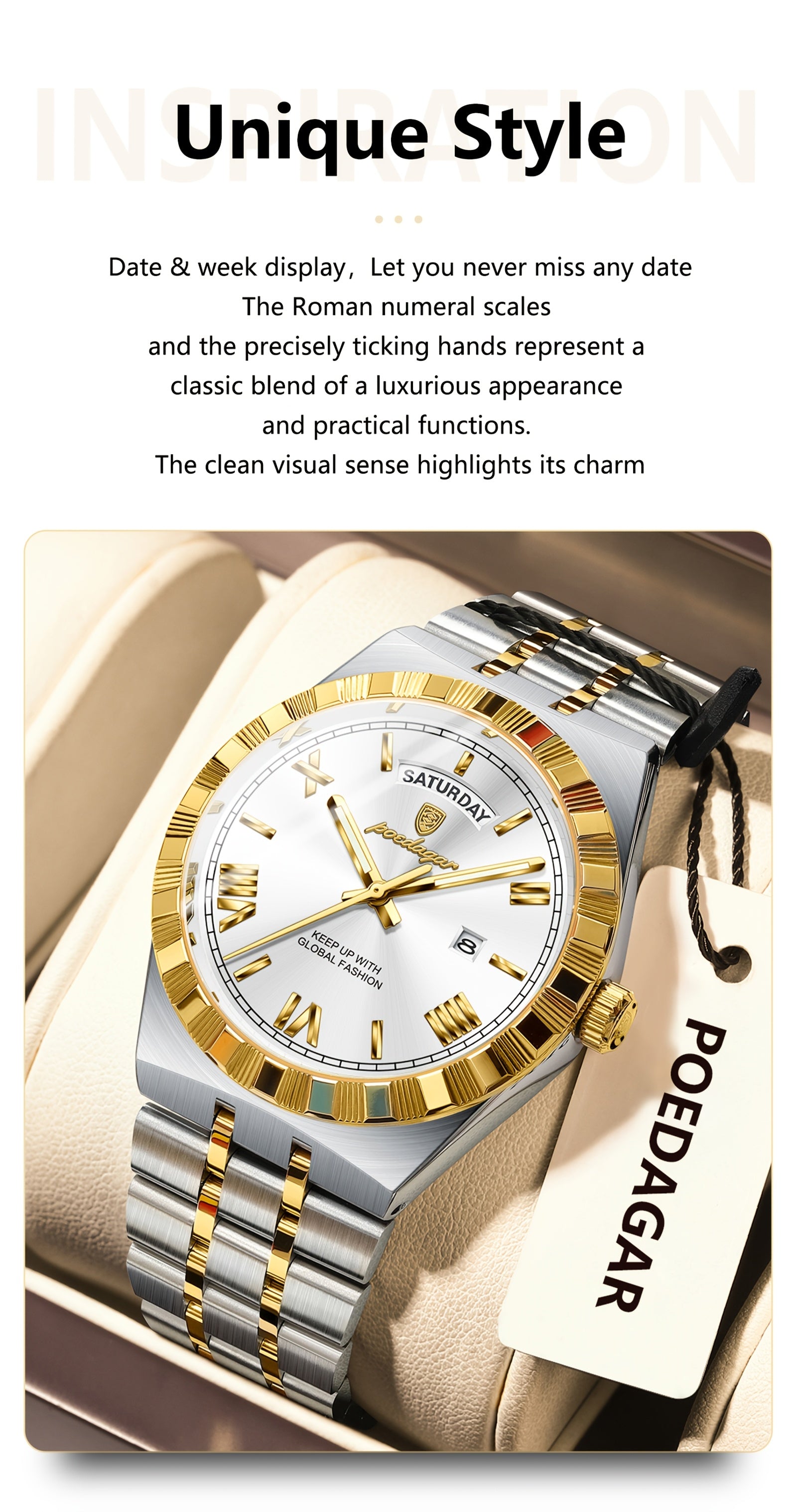 Business Trend Men's Watch Waterproof Calendar Week Stainless Steel Quartz Wristwatch