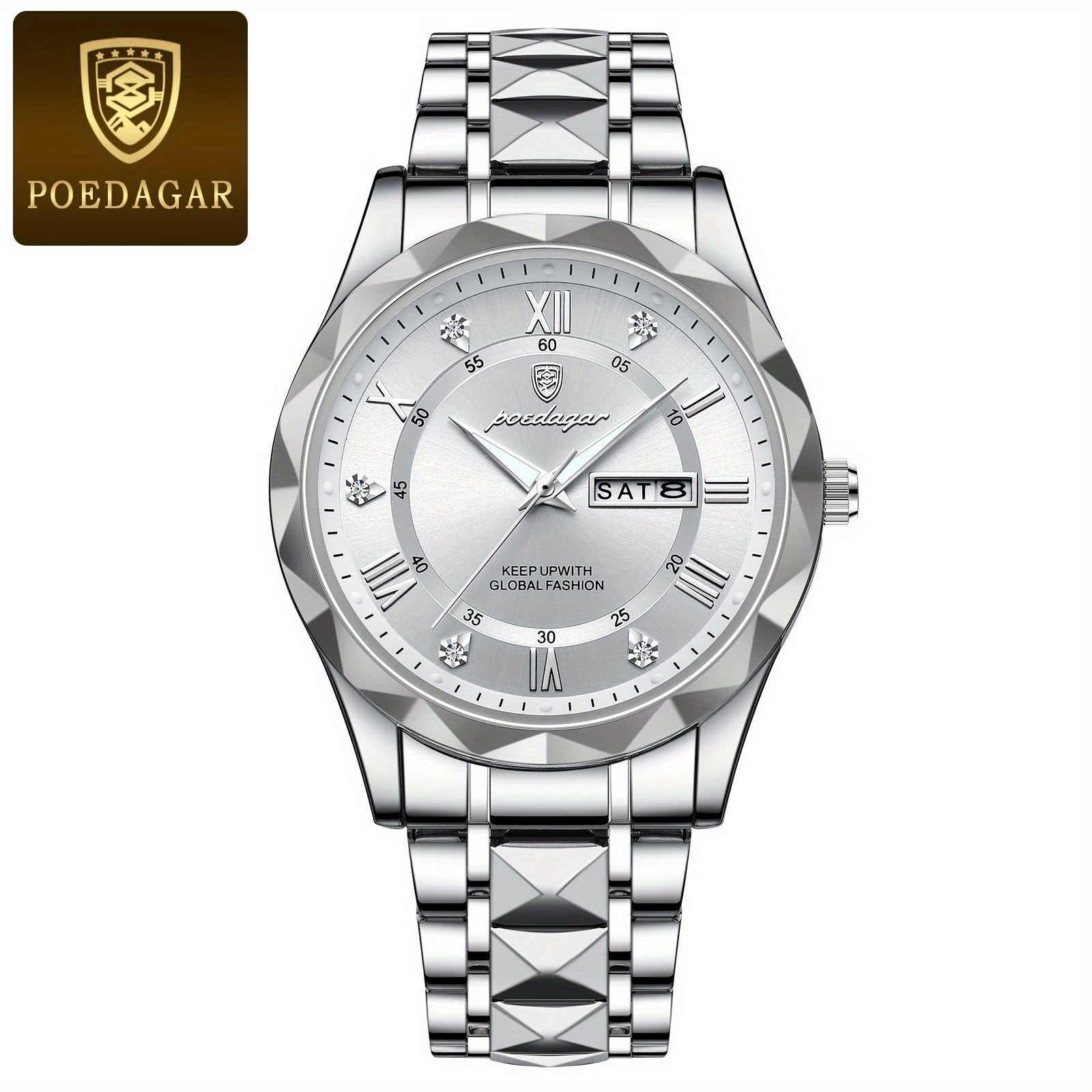 POEDAGAR Fashion Men's Watch Quartz Watches Waterproof Glow Calendar Luxury Stainless Steel Men's Watch, Ideal choice for Gifts
