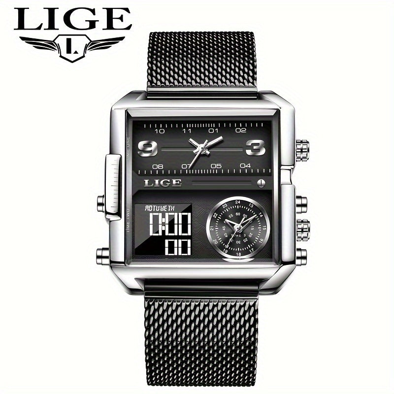 LIGE Fashion Luxury Men's Watch. Watch with Square Stainless Steel Strap. Dual Display Nightlight Second Timer Sports Outdoor Watch. Suitable for Halloween And Christmas Gifts.