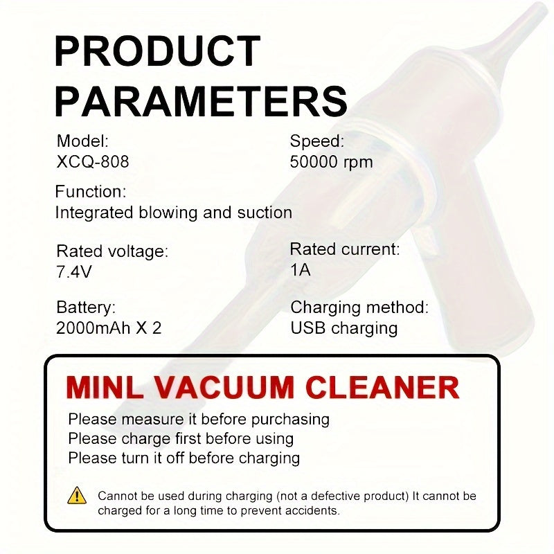Handheld wireless portable vacuum cleaner, rechargeable, 2000 * 2 milliampere battery, suction force 5000Pa, integrated blowing and suction, suitable for multifunctional high-power small home appliance vacuum cleaners in auto