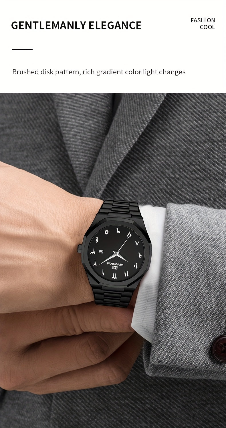 [Luxury Men's Watch] VA VA VOOM Luxury Men's Watch | Stainless Steel Black & Golden Chronograph with Arabic Numerals, Quartz Movement, Elegant Business Style | Perfect Gift for Dad, Husband, Boyfriend on Father's Day, Valenti