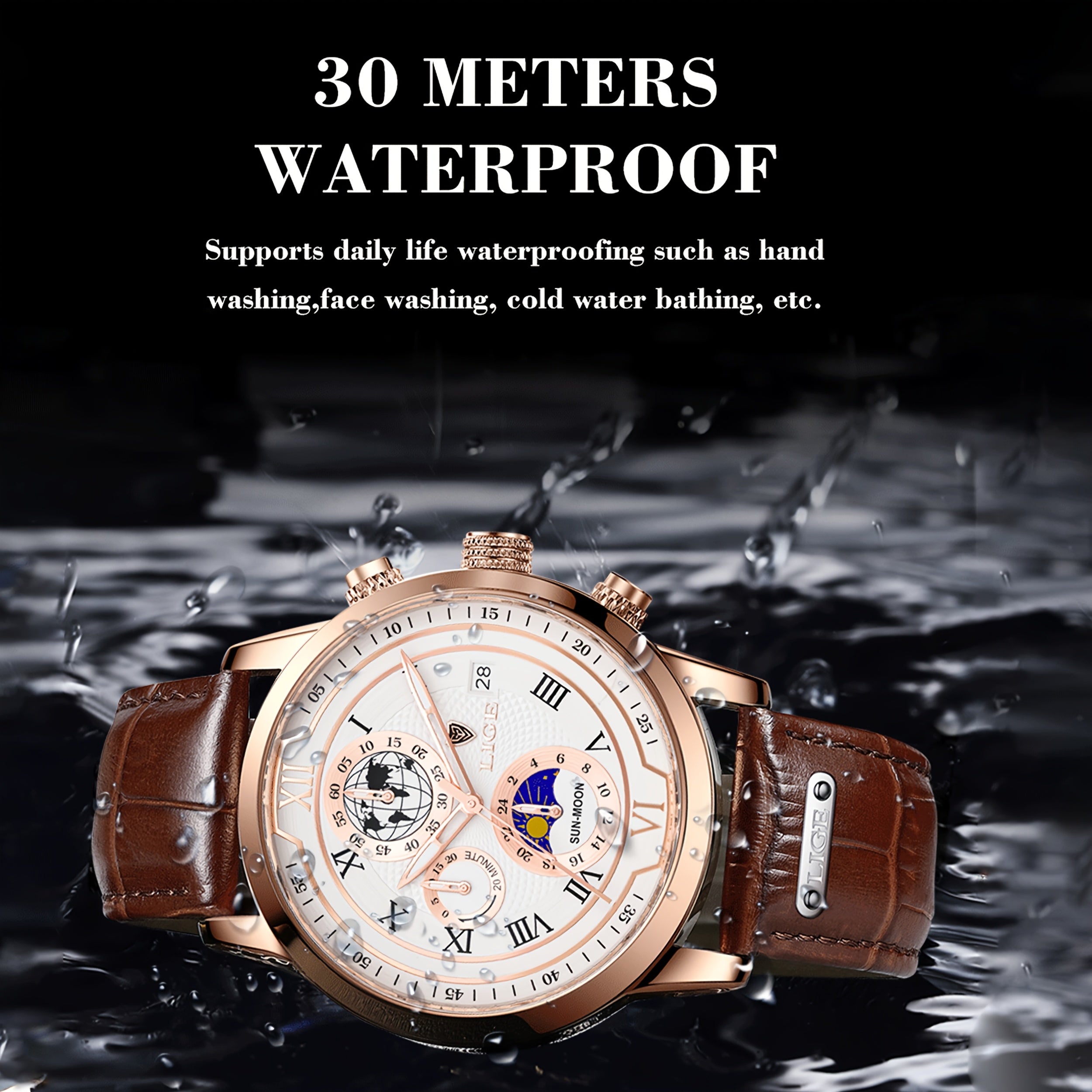 LIGE New Watch Night Light Moon Phase Quartz Watch, Fashion Multi Functional Calendar Sports Men's Watch