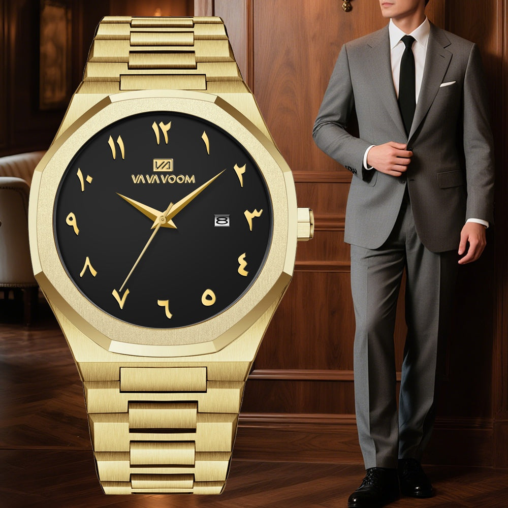 [Luxury Men's Watch] VA VA VOOM Luxury Men's Watch | Stainless Steel Black & Golden Chronograph with Arabic Numerals, Quartz Movement, Elegant Business Style | Perfect Gift for Dad, Husband, Boyfriend on Father's Day, Valenti