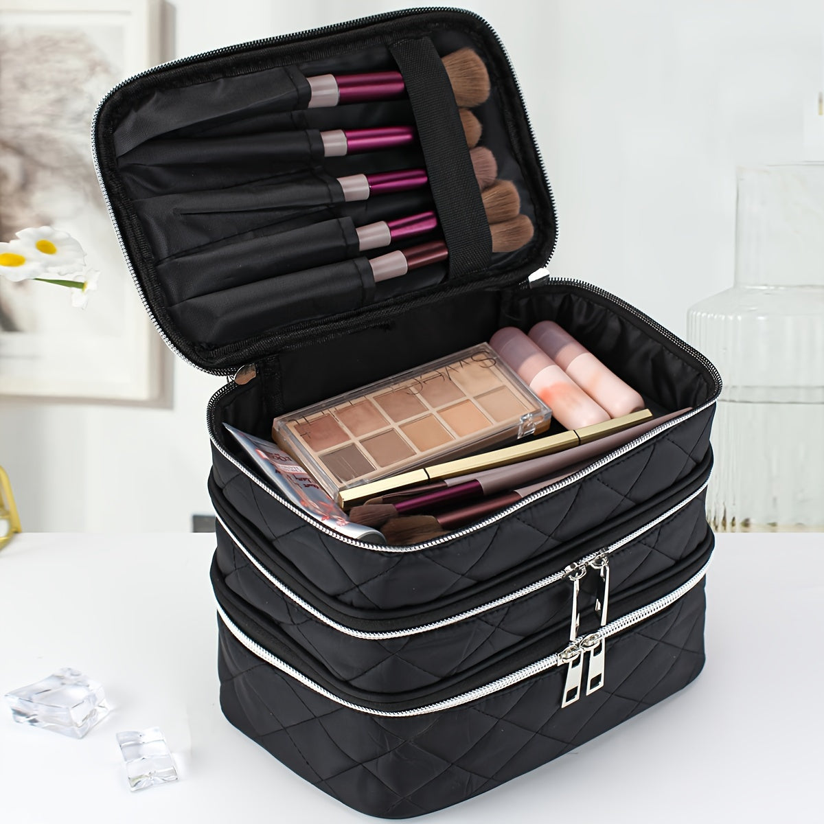 Large Capacity Black Rhombus & Travel Organizer Handbag - 3-Tier/Double-Layer Portable Makeup Case with Golden-Tone Zippers, White Piping Trim, Durable Multi-Compartment Storage for, Spacious for Brushes, Lipstick, Electronic