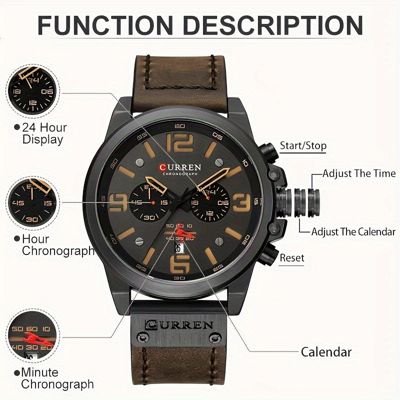 CURREN Chronograph Men's Watch Retro Classic Quartz Watch Analog Calendar WR PU Leather Wrist Watch Date Watch