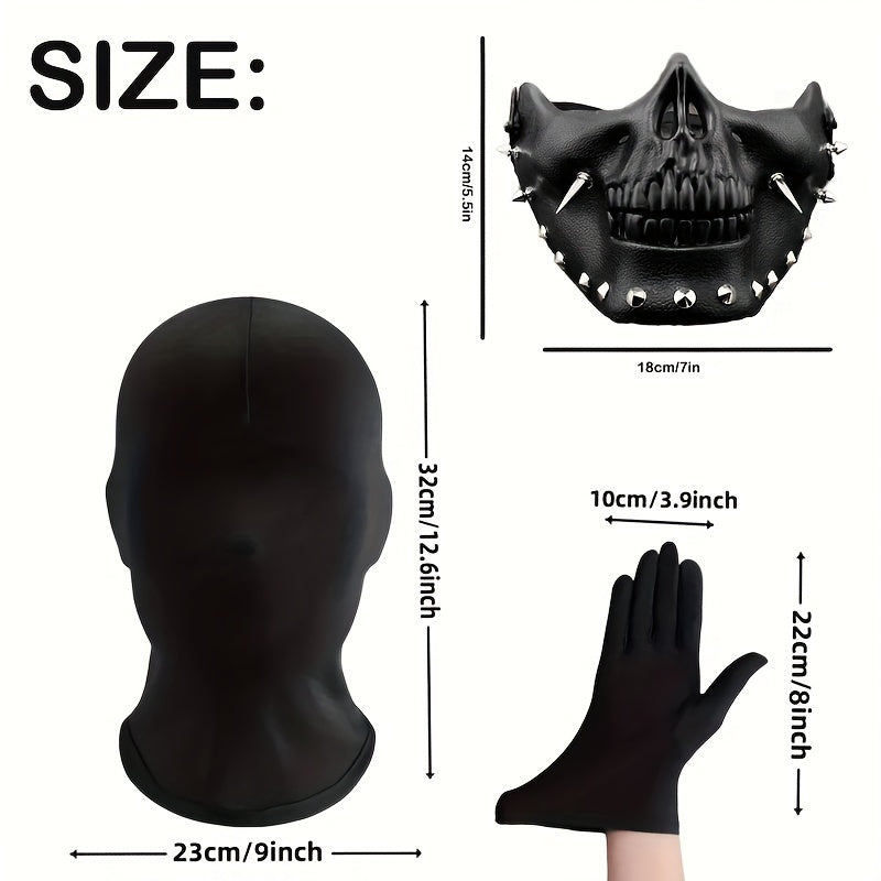 Cosplay Master Kit - Durable Full Face Mask, Half Skull Mask, and Hand Coverings with Sleek Design, Black Finish, Versatile for Halloween, Performance, LARP, Parties, and Events - Premium Plastic Construction, Comfortable Wea