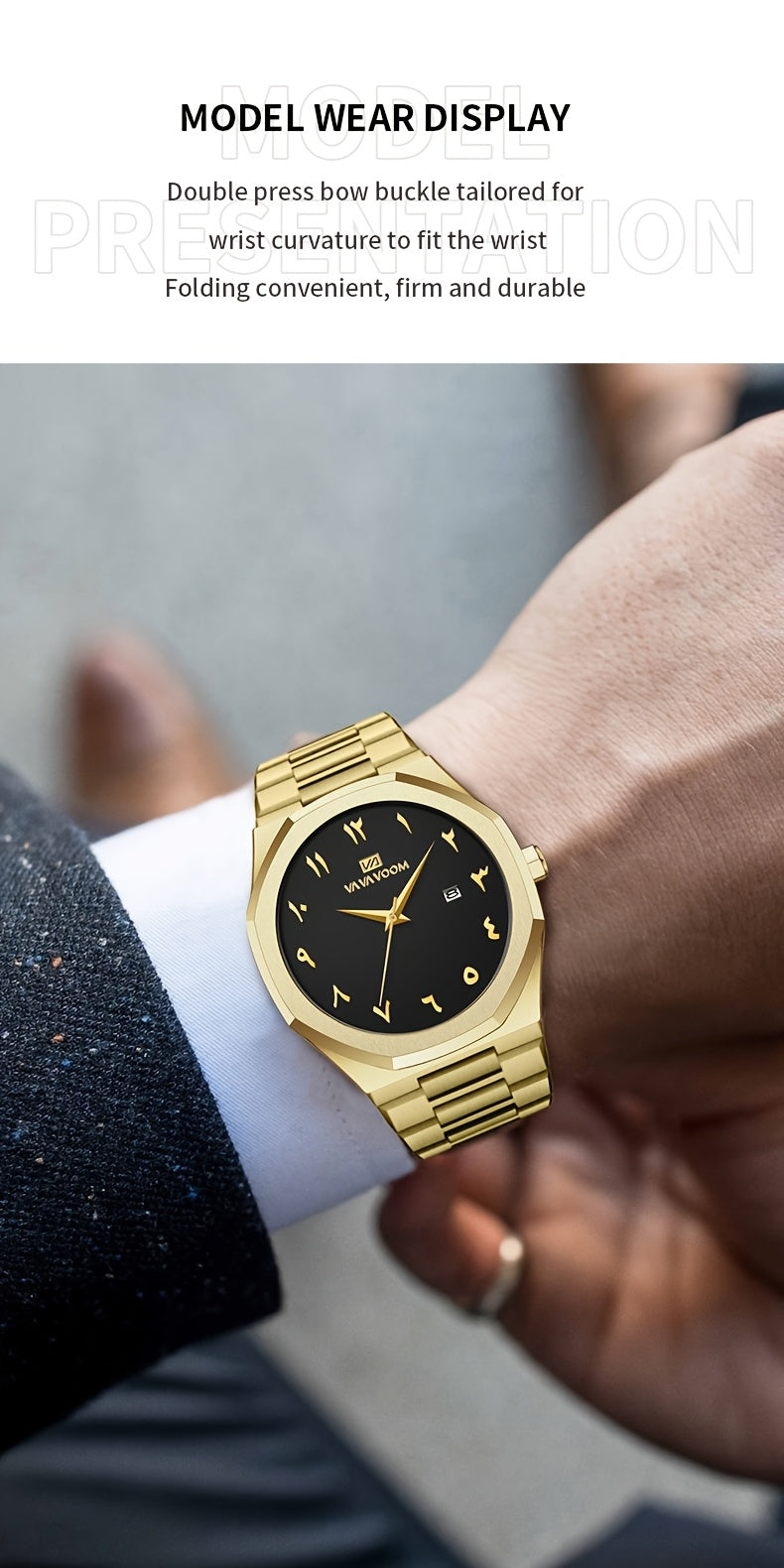 [Luxury Men's Watch] VA VA VOOM Luxury Men's Watch | Stainless Steel Black & Golden Chronograph with Arabic Numerals, Quartz Movement, Elegant Business Style | Perfect Gift for Dad, Husband, Boyfriend on Father's Day, Valenti