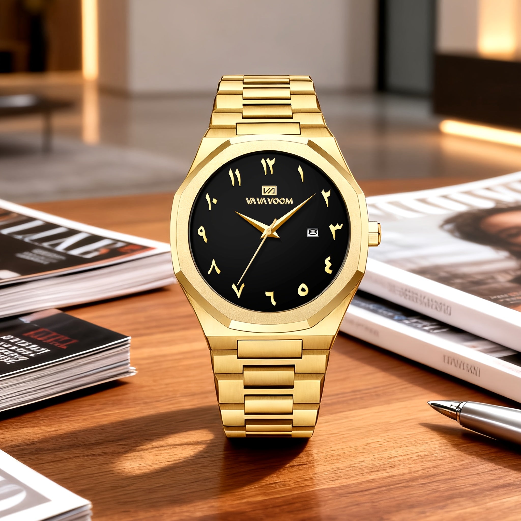 [Luxury Men's Watch] VA VA VOOM Luxury Men's Watch | Stainless Steel Black & Golden Chronograph with Arabic Numerals, Quartz Movement, Elegant Business Style | Perfect Gift for Dad, Husband, Boyfriend on Father's Day, Valenti