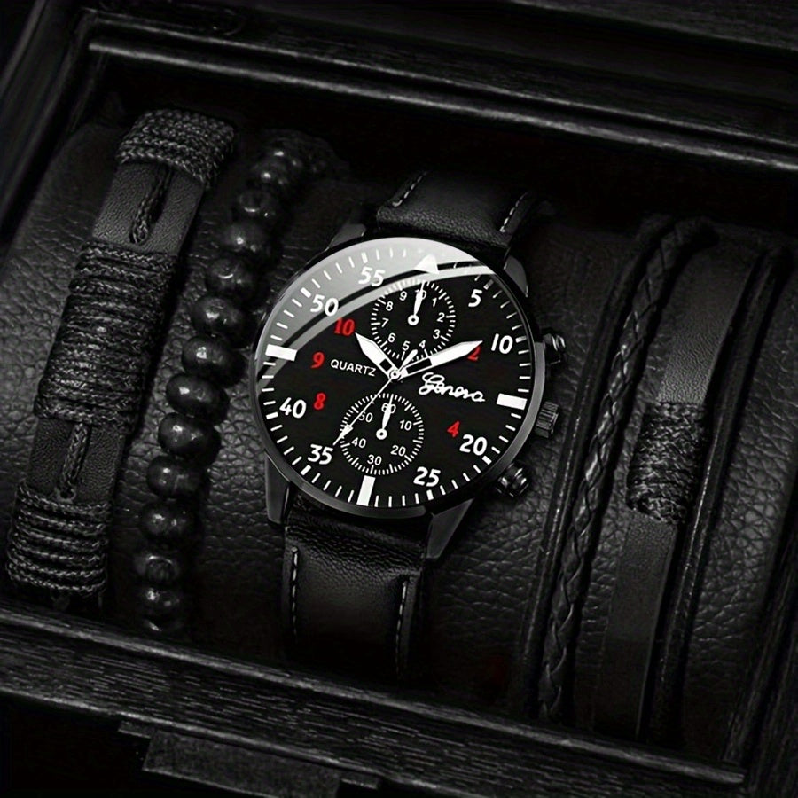 1pc Men's Quartz Watch & 3pcs Bracelets, Men's Watch Set, Ideal choice for Gifts