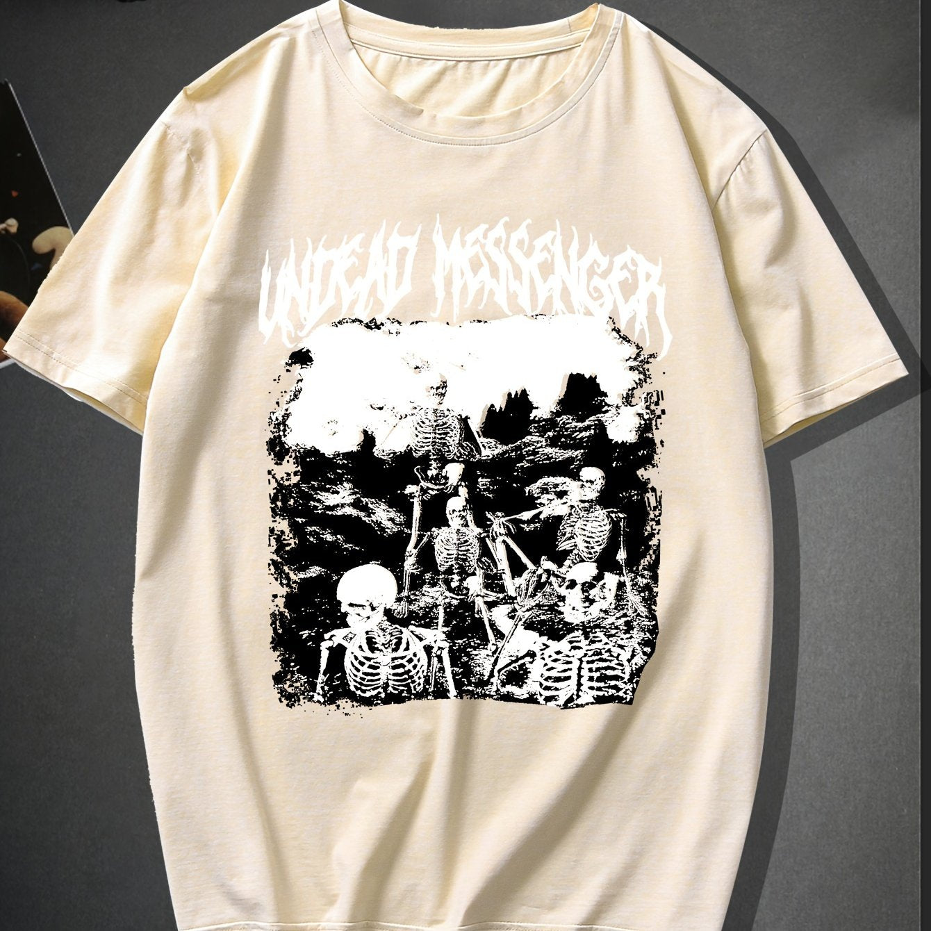 Trendy Skeleton & Letter Pattern Print Men's Comfy T-shirt For Halloween, Graphic Tee Men's Summer Outdoor Clothes, Men's Clothing, Tops For Men