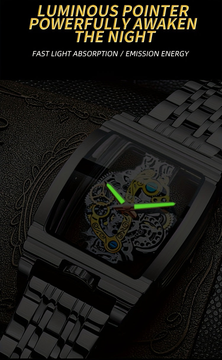 Sleek Luxury Men's Quartz Watch - Stainless Steel Band, Luminous Dial, Hollow-Out Design, Folding Clasp