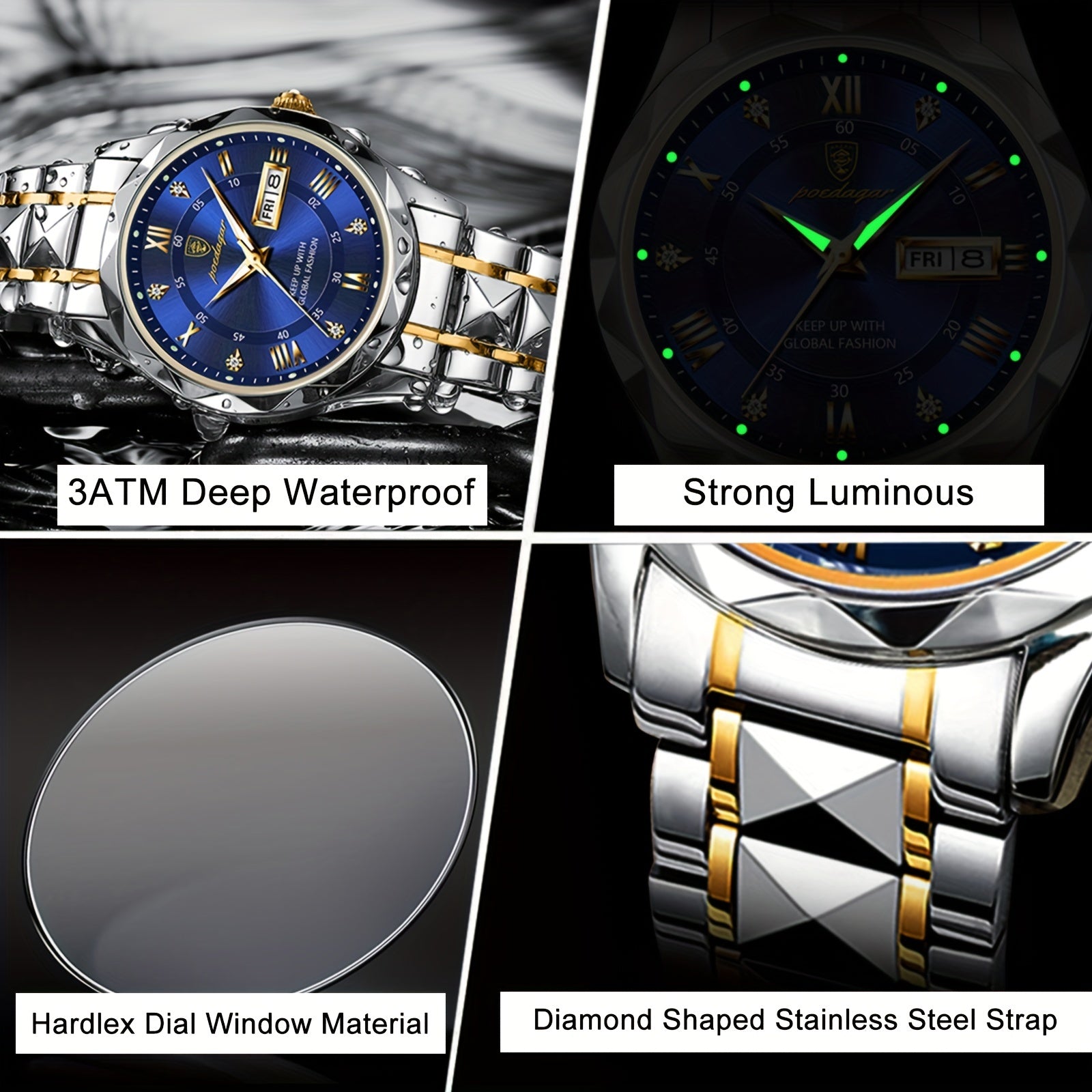 POEDAGAR Fashion Men's Watch Quartz Watches Waterproof Glow Calendar Luxury Stainless Steel Men's Watch, Ideal choice for Gifts