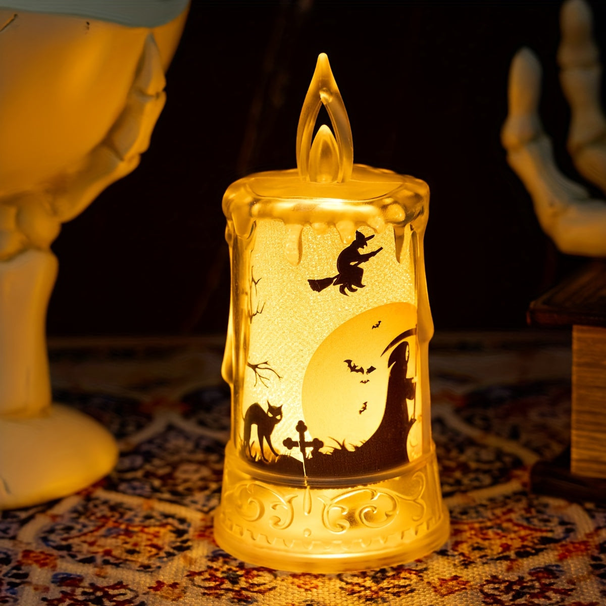 Halloween LED Candle Lights, 1-Pack, Spooky Tabletop Decorations, Plastic Flickering Flameless Pillar Candles, Includes Batteries, Halloween Party Supplies, Ghostly Scene Props, Button Battery Operated