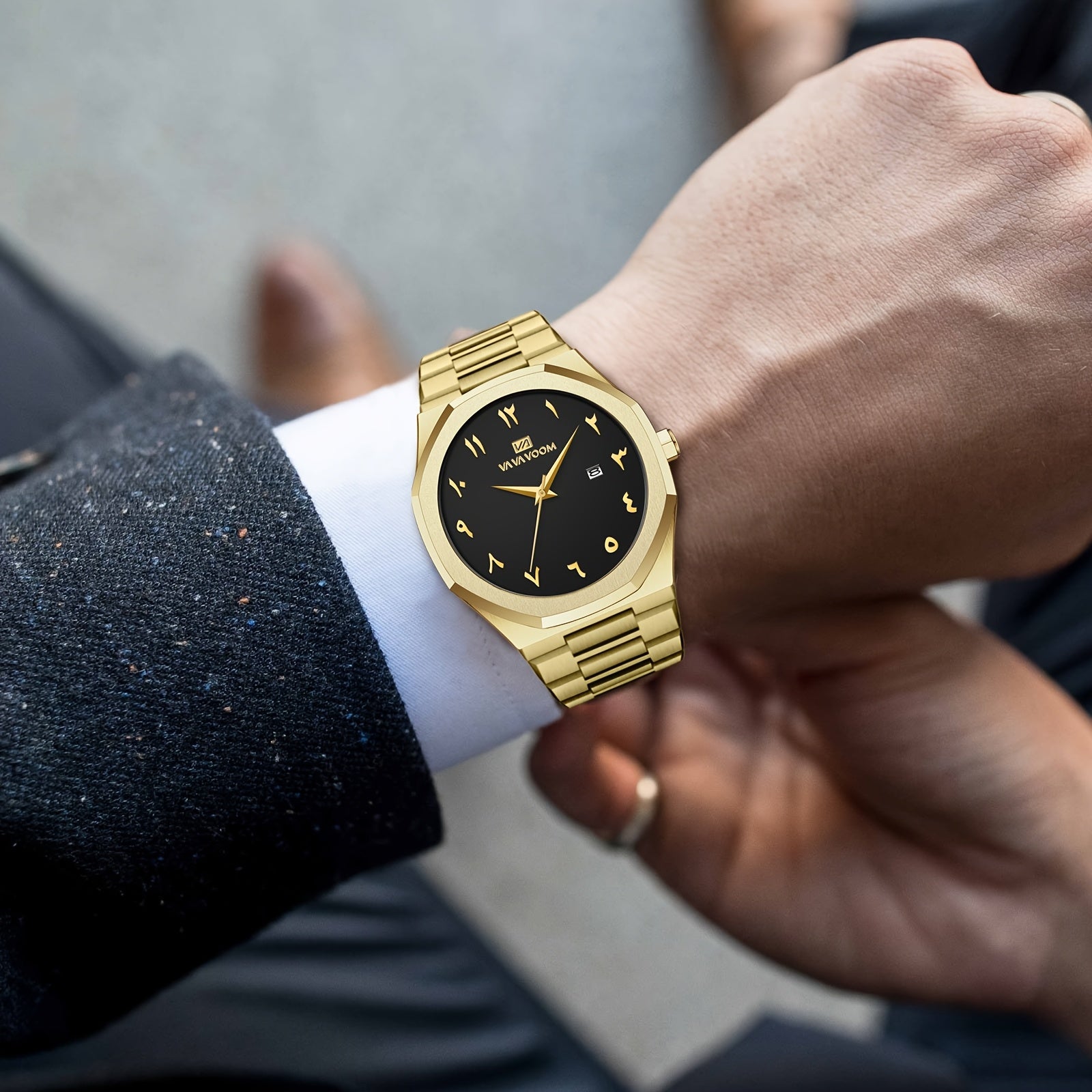 [Luxury Men's Watch] VA VA VOOM Luxury Men's Watch | Stainless Steel Black & Golden Chronograph with Arabic Numerals, Quartz Movement, Elegant Business Style | Perfect Gift for Dad, Husband, Boyfriend on Father's Day, Valenti