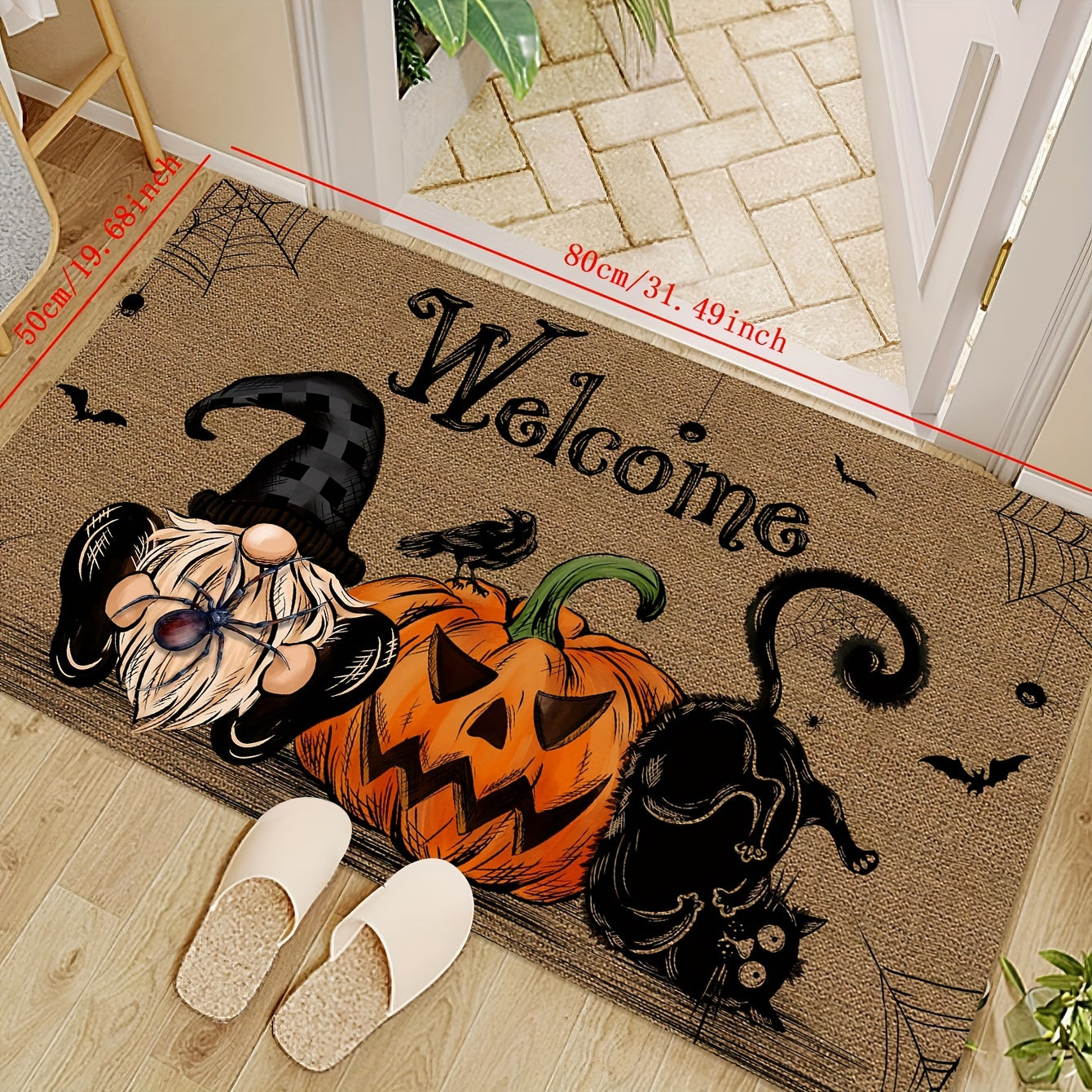 Halloween-Themed Non-Slip Door Mat With Pumpkin, Black Cat & Gnomes Design - Washable Polyester Entrance Rug For Home & Kitchen Decor