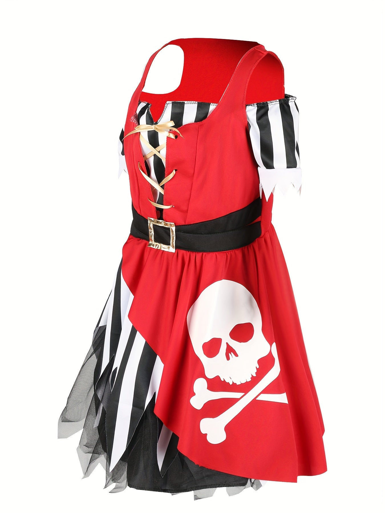 Girls Fun & Cool Off Shoulder Crisscross Strap Front Crossbone Pattern Asymmetrical Dress & Striped Headband For Halloween Party, Girls Pirate Dress Up Outfit, 2pcs