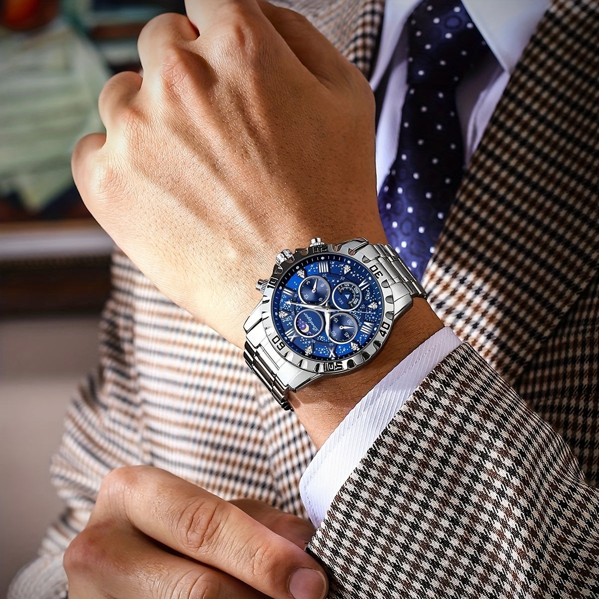 [New Business Water Resistance Watch] POEDAGAR 2024 New Business Executive Men's Quartz Chronograph Watch with Water Resistance, Night Light, and Stainless Steel Band