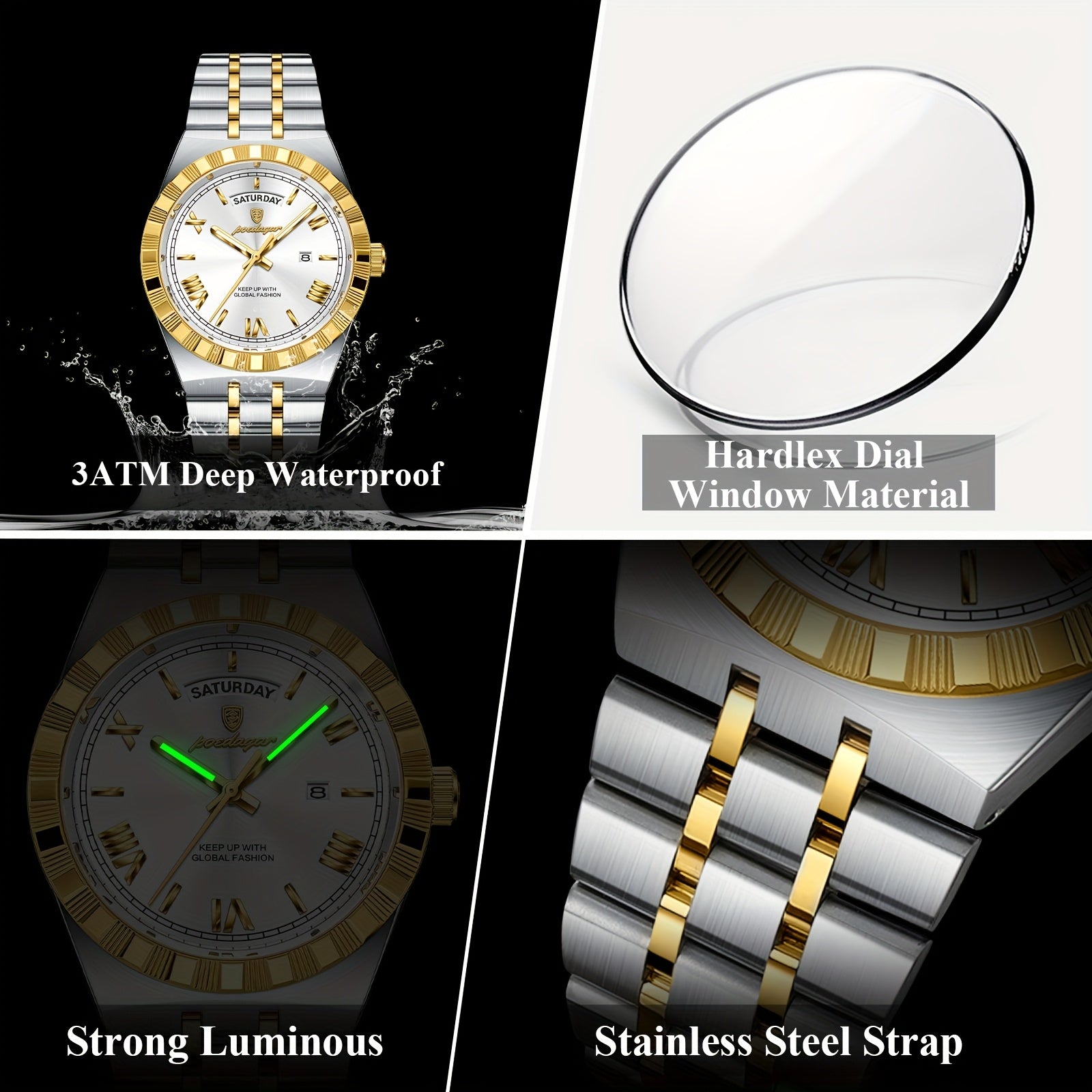 Business Trend Men's Watch Waterproof Calendar Week Stainless Steel Quartz Wristwatch