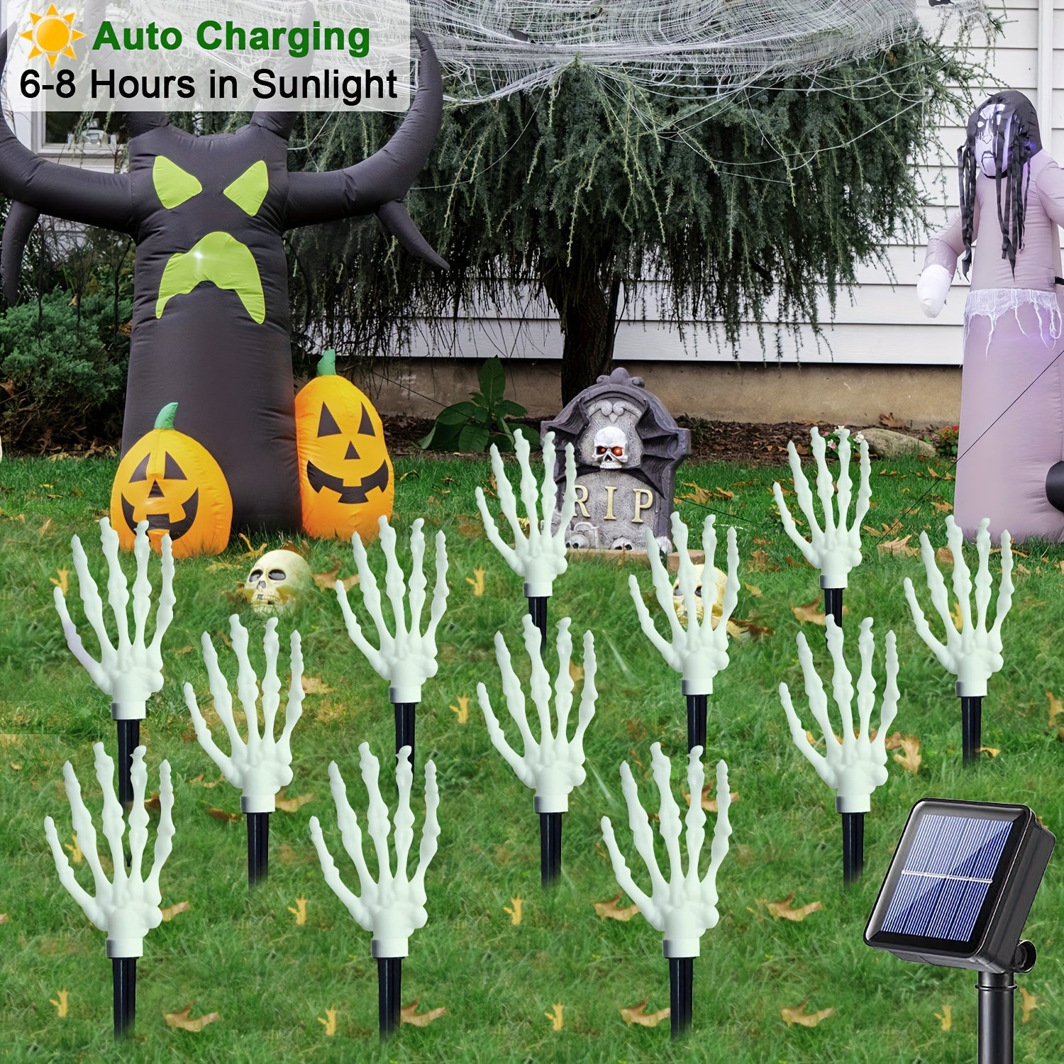 [Fast Arrival] 12pcs Solar-Powered Halloween Garden Lights - Waterproof LED Skeleton Hands, 8 Lighting Modes, Outdoor Yard & Lawn Decorations for Spooky Ambiance