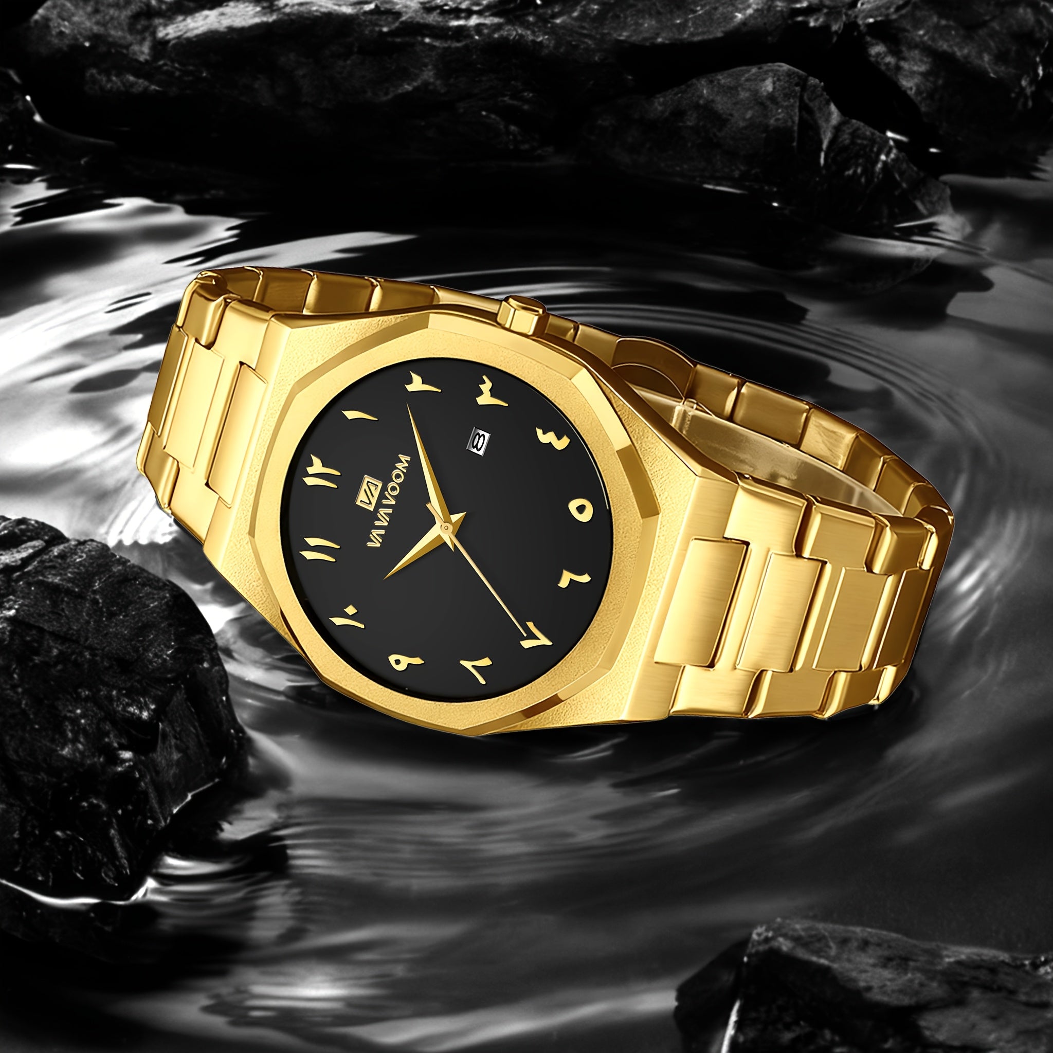 [Luxury Men's Watch] VA VA VOOM Luxury Men's Watch | Stainless Steel Black & Golden Chronograph with Arabic Numerals, Quartz Movement, Elegant Business Style | Perfect Gift for Dad, Husband, Boyfriend on Father's Day, Valenti