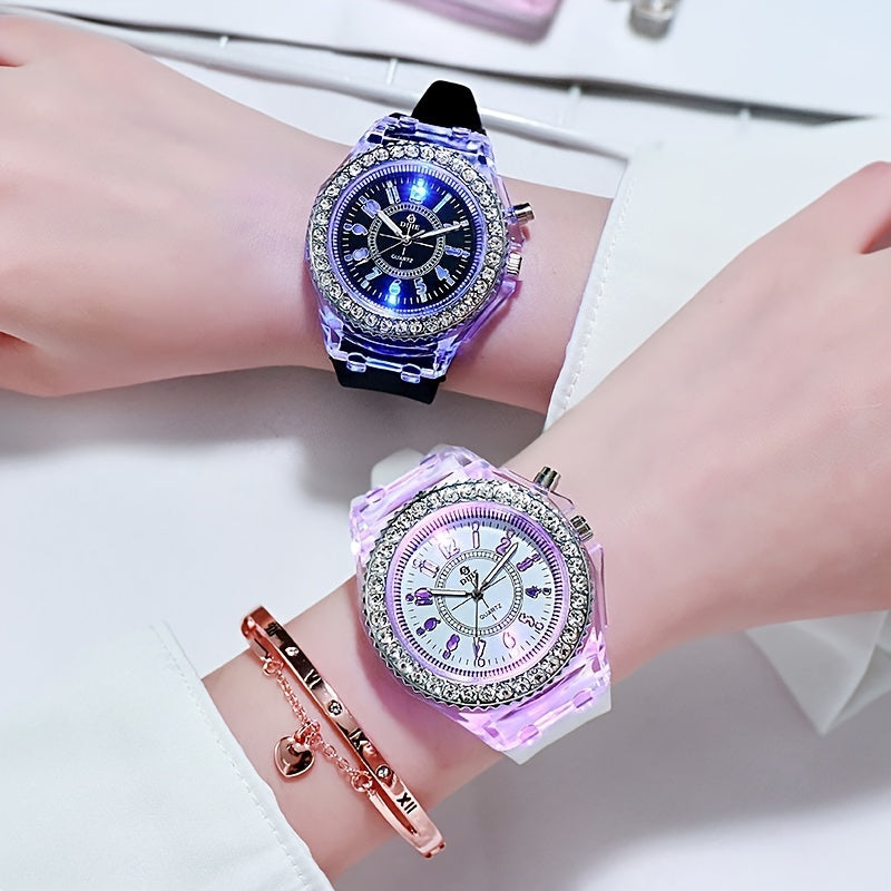 Glow-in-the-Dark LED Trendy Couple'S Watch with Crystal Embellishments, Silicone Strap, and Luminous Display - Perfect for Casual Attire, Casual Watch|Glamorous Timepiece|Polycarbonate Case